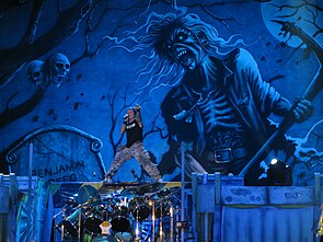 Performing on 6 July 2010 during The Final Frontier World Tour. The 2010 leg consisted primarily of material released since Dickinson's return to Iron Maiden in 1999. Iron Maiden 2010.jpg