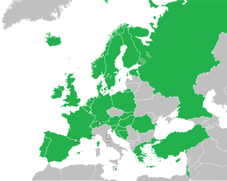 Mapa de países da Europa, Norte da África e Ásia Ocidental mostrando fronteiras em 1994; os participantes regulares do concurso são coloridos em verde