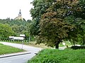 Wine cellars viewed from behind, both sides of the road, in Weitersfeld, between Retz and Geras