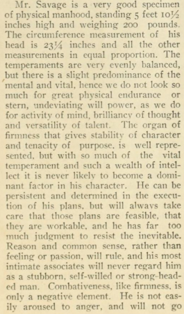 Phrenograph of Charles Roscoe Savage performed by Nephi Schofield in 1904. Published in the phrenological journal, the Character Builder.