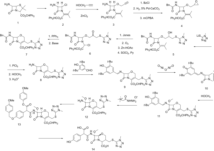 Moxalactam synthesis: (excerpt from Lednicer book 3) Moxalactam synthesis.svg