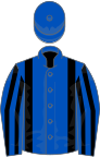 Royal blue, black braces, striped sleeves