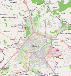 Mapa konturowa Radomia, na dole nieco na prawo znajduje się punkt z opisem „Kościół Świętego Pawła Apostoław Radomiu”