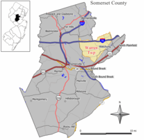 Location of Warren Township in Somerset County highlighted in yellow (right). Inset map: Location of Somerset County in New Jersey highlighted in black (left). Interactive map of Warren Township, New Jersey