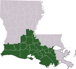 Peta Louisiana yang menandai lokasi Acadiana