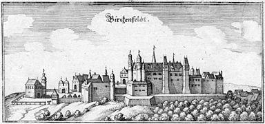 Castillo de Birkenfeld en 1645, desde 1584, sede de la rama Palatinado-Birkenfeld-Zweibrücken fundada por Carlos II, hijo menor del duque Wolfgang del Palatinado-Zweibrücken