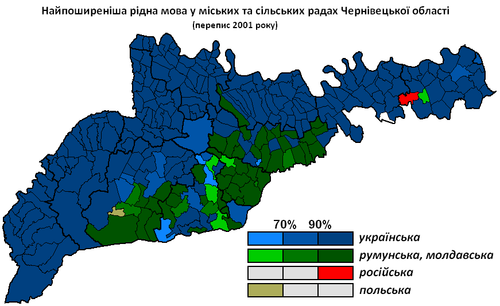 (Blauw is Oekraïens, Groen=Roemeenstalig (ook Moldavisch)