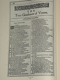 Faksimil av första sidan i The Two Gentlemen of Verona från First Folio, publicerad 1623