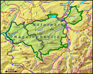 Karte des Naturparks Nagelfluhkette mit dem nahegelegenen Sonthofen und Oberstdorf