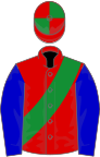 Red, green sash, blue sleeves, red and green quartered cap