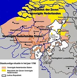 A Liège-i Köztársaság (fehér), az Egyesült Belga Államok (rózsa) és a Holland Köztársaság (szürke) területei 1790-ben.