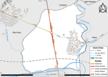 Carte en couleur présentant le réseau hydrographique de la commune