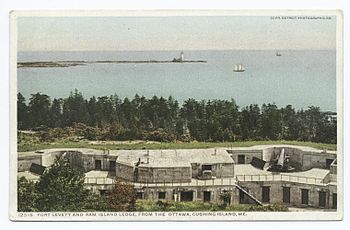 1909 view of two 12-inch disappearing guns of Battery Bowdoin and Ram Island Ledge. FortLevett.jpg