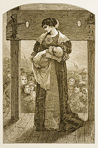 "Hester Prynne & Pearl before the stocks", an illustration by Mary Hallock Foote from an 1878 edition of The Scarlet Letter Hester Prynne.jpg