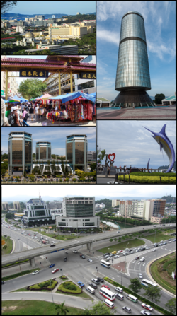 From top right clockwise: Tun Mustapha Tower, Swordfish Statue, Wawasan intersection, Wisma Tun Fuad Stephens, Gaya Street and 1Borneo Mall.