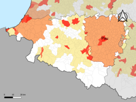 Localisation de l'aire d'attraction de Pau dans le département des Pyrénées-Atlantiques.