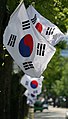 A series of South Korean flags flying on a street