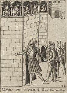 Five women appear in open windows in an upper floor; five men stand on the ground. Two men are carrying egg baskets; one man passes an egg to another, who prepares to throw it at the women