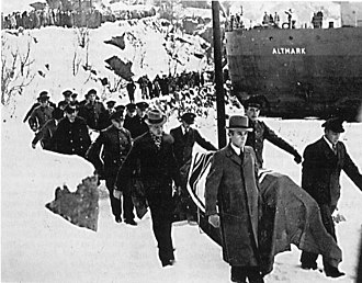 German dead being brought ashore for burial after the Altmark Incident Altmark Incident.jpg