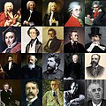 English: montage of great classical music composers - from left to right: first row - Antonio Vivaldi, Johann Sebastian Bach, Georg Friedrich Händel, Wolfgang Amadeus Mozart, Ludwig van Beethoven; second row - Gioachino Rossini, Felix Mendelssohn, Frédéric Chopin, Richard Wagner, Giuseppe Verdi; third row - Johann Strauss II, Johannes Brahms, Georges Bizet, Pyotr Ilyich Tchaikovsky, Antonín Dvořák; forth row - Edvard Grieg, Edward Elgar, Sergei Rachmaninoff, George Gershwin, Aram Khachaturian