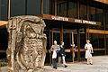 Front entrance to the Axel Springer SE headquarters building in West Berlin, 1977, with the Fritz Klimsch owl sculpture.