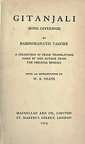 Gros-plan de la page de garde jaunie d'un livre ancien : « Gitanjali (Song offerings) by Rabindranath Tagore. A collection of prose translations made by the author from the original Bengali with an introduction by W. B. Yeats. Macmillan and Co., Limited, St. Martin's Street, London, 1913. »