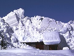 Dépôt d'avalanche coulante humide sur habitation.