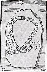 The runestone U 582 in a 17th-century drawing. U 582, Soderby-Karl.jpg