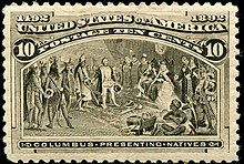 "Columbus Presenting Natives", a Columbian Issue postage stamp based on The Reception at Court Columbian237-10c.jpg