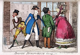 "Dandy PickPockets Diving: Scene Near St. James Palace" (1818) by I. R. Cruikshank Dandy pickpockets, diving.jpg