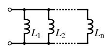 A diagram of several inductors, side by side, both leads of each connected to the same wires