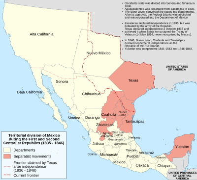 A map of Mexico, 1835–46, showing administrative divisions