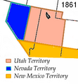 Image 36The Nevada 1861 territory boundary (blue) changed three times: 1864 statehood shifted eastern border from 39th to 38th meridian, 1866 May 5; east border (pink) moved eastward 53.3 mi (85.8 km), from the 38th to 37th meridian, and 1867 January 18; south boundary (yellow) moved from the 37th parallel north southward to the current boundary (14 Stat. 43) (from History of Nevada)