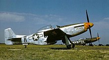 North American P-51K Mustang Muddy, 44-11697, G4-K (foreground, assigned to 2nd Lt. James Gasser) and P-51D Butch Baby 44-14798, G4-V (background, 2nd Lt. Julian .H. Bertram). G4-V was formerly Master Mike, the mount of Major Joe Broadhead, 362 FS CO. Taken at RAF Steeple Morden in April 1945 357fg-p51.jpg