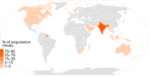 Страни, където е разпространен индуизмът. (в проценти)