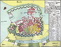 Kort af Joachim Hassing over København 1728 med de brændte bygninger markeret med gult. Nord er nederst til venstre