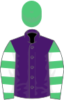 Purple, emerald green and white hooped sleeves, emerald green cap