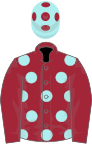 Maroon, pale blue spots, maroon sleeves, pale blue cap, maroon spots