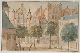 Het einde van de Wijnstraat aan het huidige Scheffersplein met Scharlaken in zijn 16e-eeuwse gedaante met trapgevel en hoektorentjes, in of kort voor 1744, Aart Schouman, eerste schets