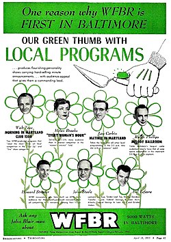 By the mid-1950s, due to ongoing reductions in available network programming, radio stations like WFBR became more dependent on locally originated programs. WFBR advertisement (1955).jpg