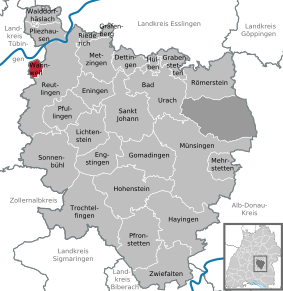 Poziția Wannweil pe harta districtului Reutlingen