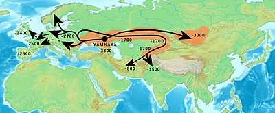 Migrazioni della popolazione della cultura di Jamna, secondo David W. Anthony (2007),[6] 2017;[7] Narasimhan et al. (2019);[8] Nordqvist and Heyd (2020):[9] * 3000 a.C. circa: migrazione iniziale dalla cultura di Jamna verso est che dà inizio alla cultura di Afanasevo, forse Proto-Tocari. * 2900 a.C. circa: migrazioni verso nord-ovest che danno vita alla cultura della ceramica cordata (Corded Ware), che si trasforma in cultura del vaso campaniforme (Bell Beaker); secondo Anthony, migrazione verso ovest dei Carpazi in Ungheria come cultura di Jamna, che si trasforma in cultura del vaso campaniforme. * 2700 a.C. circa: seconda migrazione verso est che inizia ad est dei Carpazi come cultura della ceramica cordata (Corded Ware), trasformandosi in cultura di Fatyanovo-Balanovo (2800 a.C.) -> cultura di Abaševo (2200 a.C.)-> Sintashta (2100-1900 a.C.)-> cultura di Andronovo (1900-1700 a.C.) -> Indoari (circa 1500 a.C.).