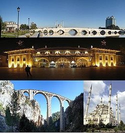 Top:Taskopru Bridge and Seyhan River, Middle:Night view of Adana Central Railroad Station in Ugur Mumcu area, Bottom left:Varda Viaduct, between Hacikiri and Kiralan, Bottom right:Sabanci Mosque in Resatbey area