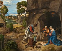 喬爾喬內的《牧羊人的崇拜（英语：Adoration of the Shepherds (Giorgione)）》，90.8 × 110.5cm，約作於1505－1510年，來自山繆·亨利·卡瑞斯的收藏。[25]