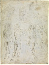 Vier studies van een vrouwelijk naakt, een annunciatie en twee studies van een zwemmende vrouw, ca. 1425, tekening op perkament, 22,3 × 16,7 cm, Rotterdam, Museum Boijmans Van Beuningen