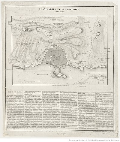 un plan gravé et encré en noir avec ombrage montrant la rade, le port et la vieille ville d'Alger en 1808