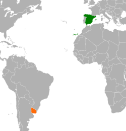 Map indicating locations of Spain and Uruguay