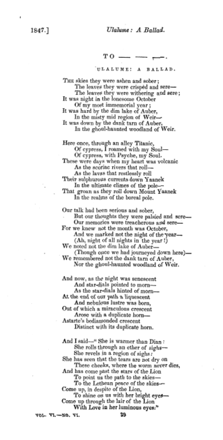 <span class="mw-page-title-main">Ulalume</span> Poem by Edgar Allan Poe