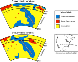 Simplified and interpreted P and S wave velocity variations in the mantle across southern North America showing the subducted Farallon plate. FarallonTomoSlice.png