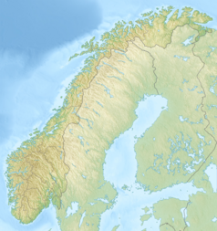 Mapa konturowa Norwegii, u góry znajduje się owalna plamka nieco zaostrzona i wystająca na lewo w swoim dolnym rogu z opisem „Alsvågvatnet”